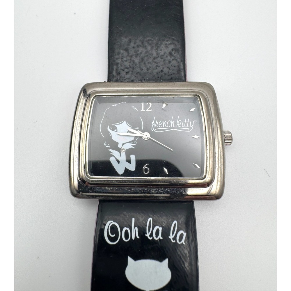 Vintage French Kitty Watch Nelsonic Ooh La La Black Silver Tone Quartz Y2K READ